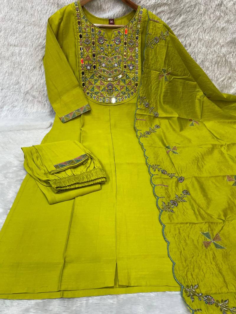 Parrot green embroidered straight kurti pant set with scallop border dupatta