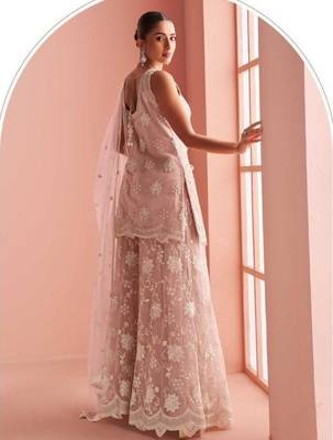 Peach net readymade suit with beads & embroidery work 4