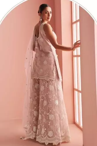 Peach net readymade suit with beads & embroidery work