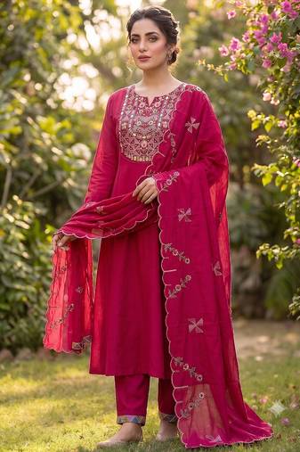 Rani pink embroidered straight kurti pant set with scallop border dupatta