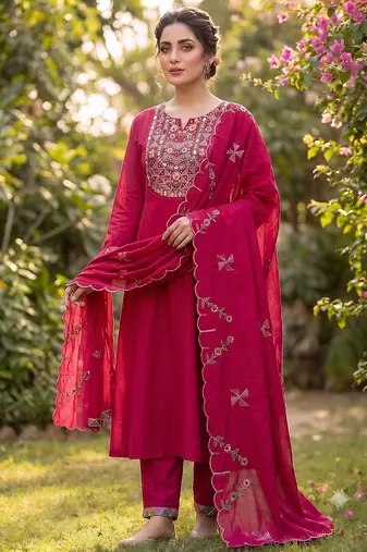 Rani pink embroidered straight kurti pant set with scallop border dupatta