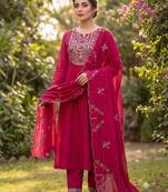 Rani pink embroidered straight kurti pant set with scallop border dupatta