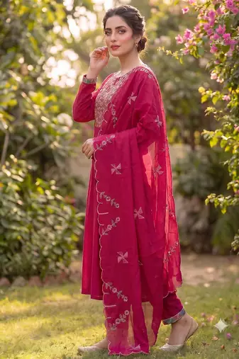 Rani pink embroidered straight kurti pant set with scallop border dupatta