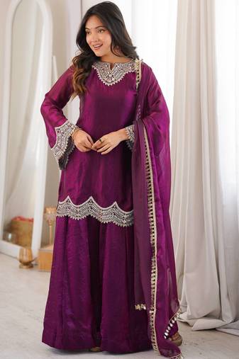 Women wine purple zari embroidered sharara suit set with dupatta