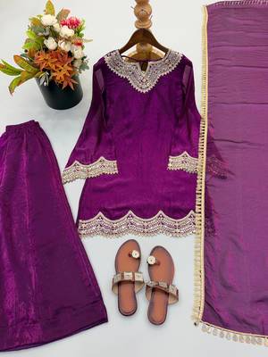 Women wine purple zari embroidered sharara suit set with dupatta 4