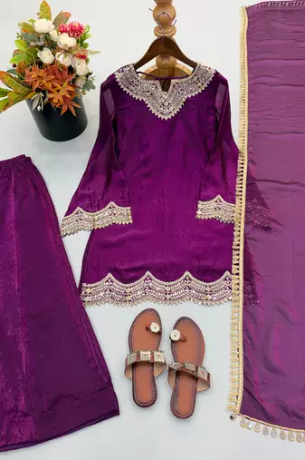 Women wine purple zari embroidered sharara suit set with dupatta