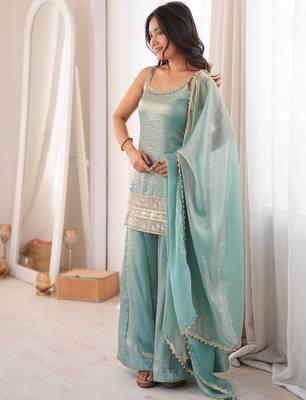 Teal green strappy kurta and sharara set with matching dupatta 1