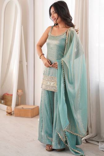 Teal green strappy kurta and sharara set with matching dupatta