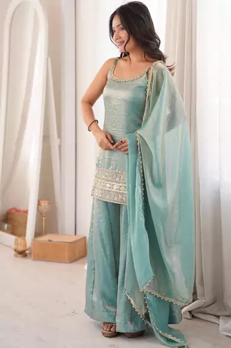 Teal green strappy kurta and sharara set with matching dupatta