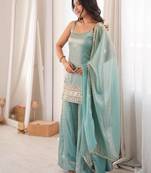 Teal green strappy kurta and sharara set with matching dupatta