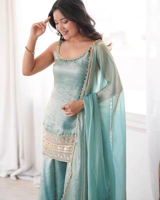 Teal green strappy kurta and sharara set with matching dupatta 2
