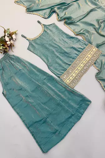 Teal green strappy kurta and sharara set with matching dupatta
