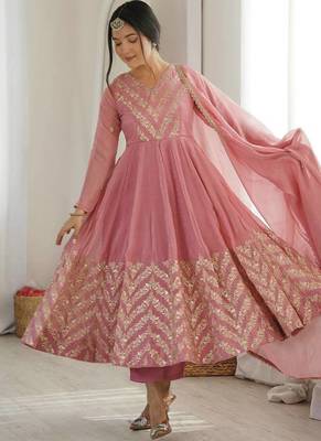 Women onion pink embroidered anarkali kurta with pants & dupatta set 1