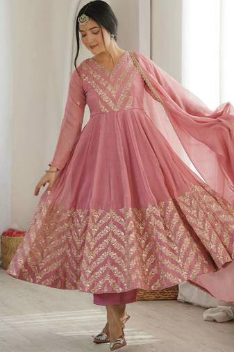 Women onion pink embroidered anarkali kurta with pants & dupatta set