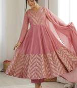 Women onion pink embroidered anarkali kurta with pants & dupatta set