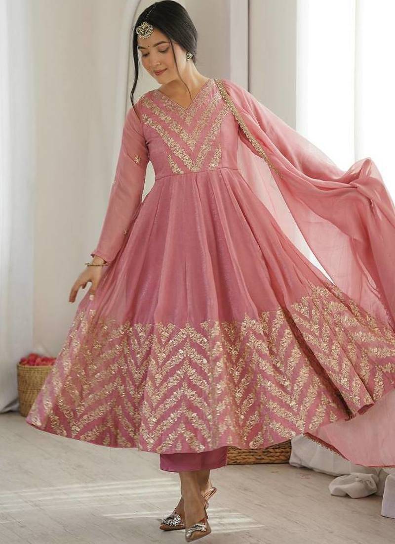 Women onion pink embroidered anarkali kurta with pants & dupatta set