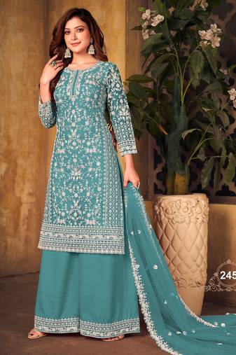Stunning deep aqua Heavy Cording Work Net Salwar Suit