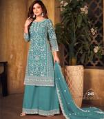 Stunning deep aqua Heavy Cording Work Net Salwar Suit
