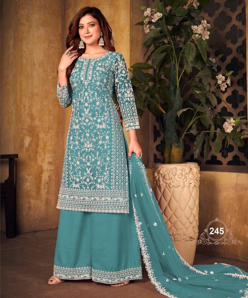 Stunning deep aqua Heavy Cording Work Net Salwar Suit