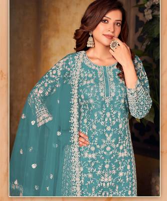 Stunning deep aqua Heavy Cording Work Net Salwar Suit 2