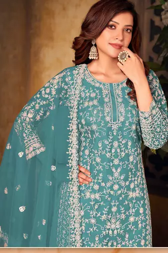 Stunning deep aqua Heavy Cording Work Net Salwar Suit