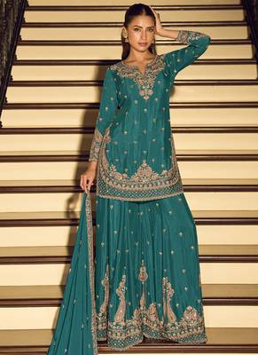 Dark-turquoise embroiderd silk blend palazzo suit 1