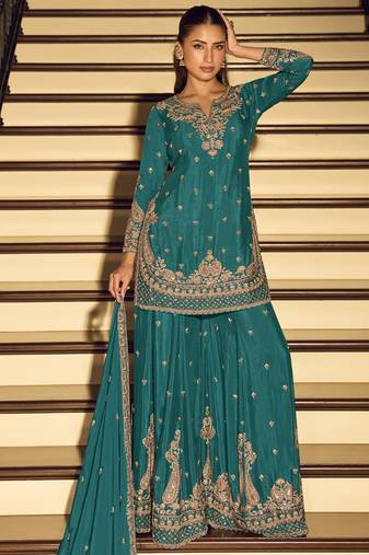 Dark-turquoise embroiderd silk blend palazzo suit