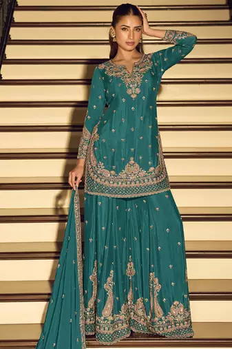 Dark-turquoise embroiderd silk blend palazzo suit