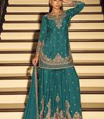 Dark-turquoise embroiderd silk blend palazzo suit