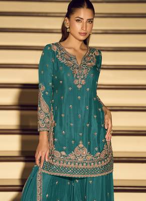 Dark-turquoise embroiderd silk blend palazzo suit 2
