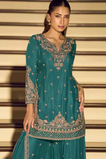 Dark-turquoise embroiderd silk blend palazzo suit
