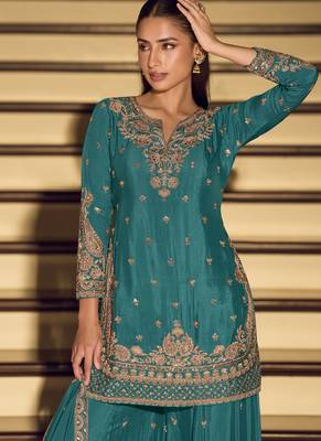 Dark-turquoise embroiderd silk blend palazzo suit 3