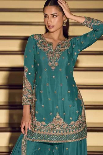 Dark-turquoise embroiderd silk blend palazzo suit