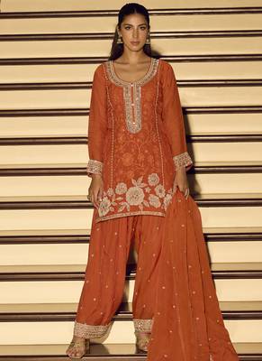 Orange embroiderd  silk blend  palazzo suit 1
