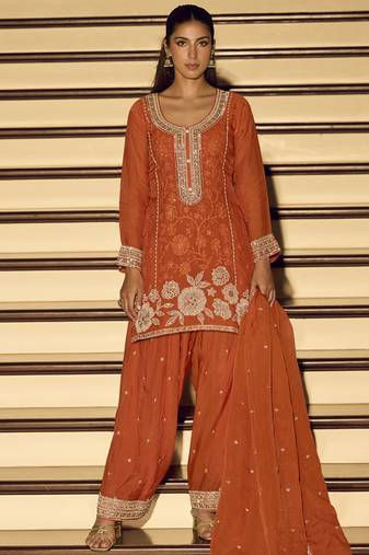 Orange embroiderd  silk blend  palazzo suit