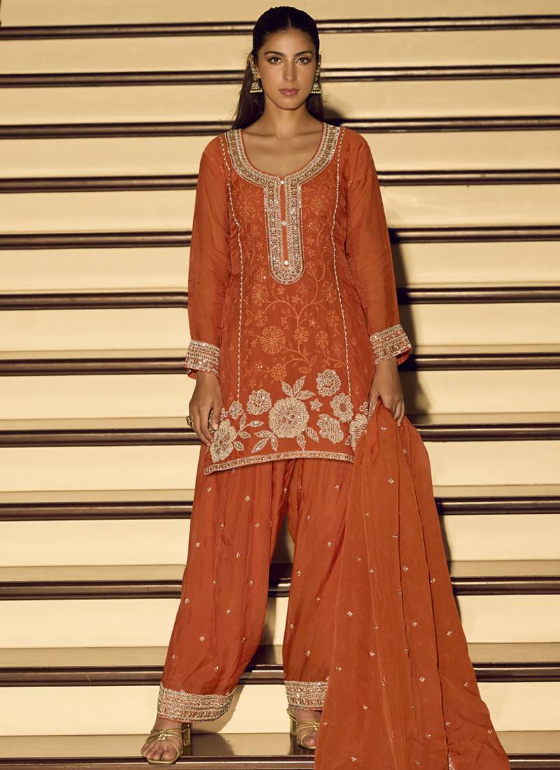 Orange embroiderd  silk blend  palazzo suit