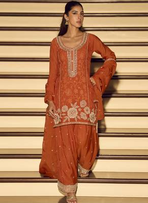 Orange embroiderd  silk blend  palazzo suit 2