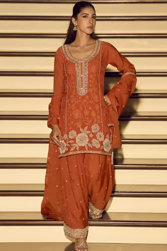 Orange embroiderd  silk blend  palazzo suit
