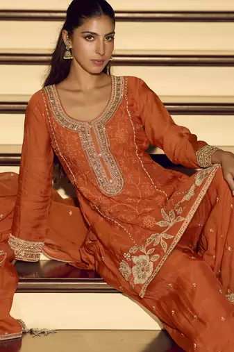 Orange embroiderd  silk blend  palazzo suit