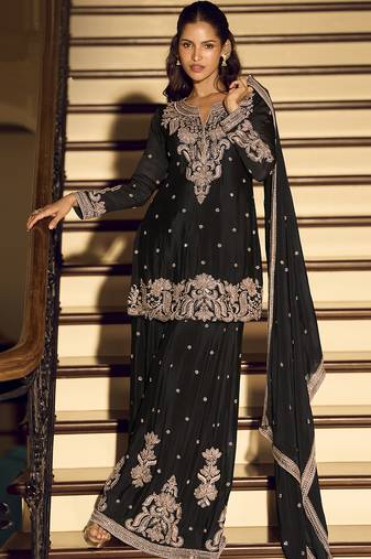 Black embroiderd silk blendpalazzo suit
