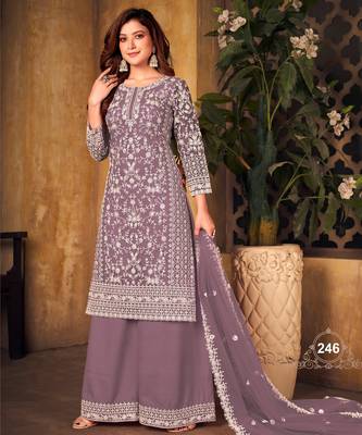Elegant Lavender Gray Heavy Cording Work Net Salwar Suit 1