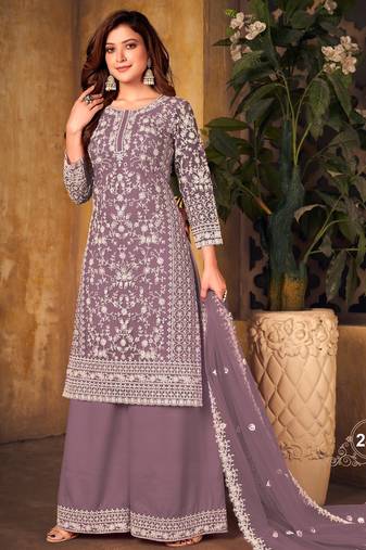 Elegant Lavender Gray Heavy Cording Work Net Salwar Suit