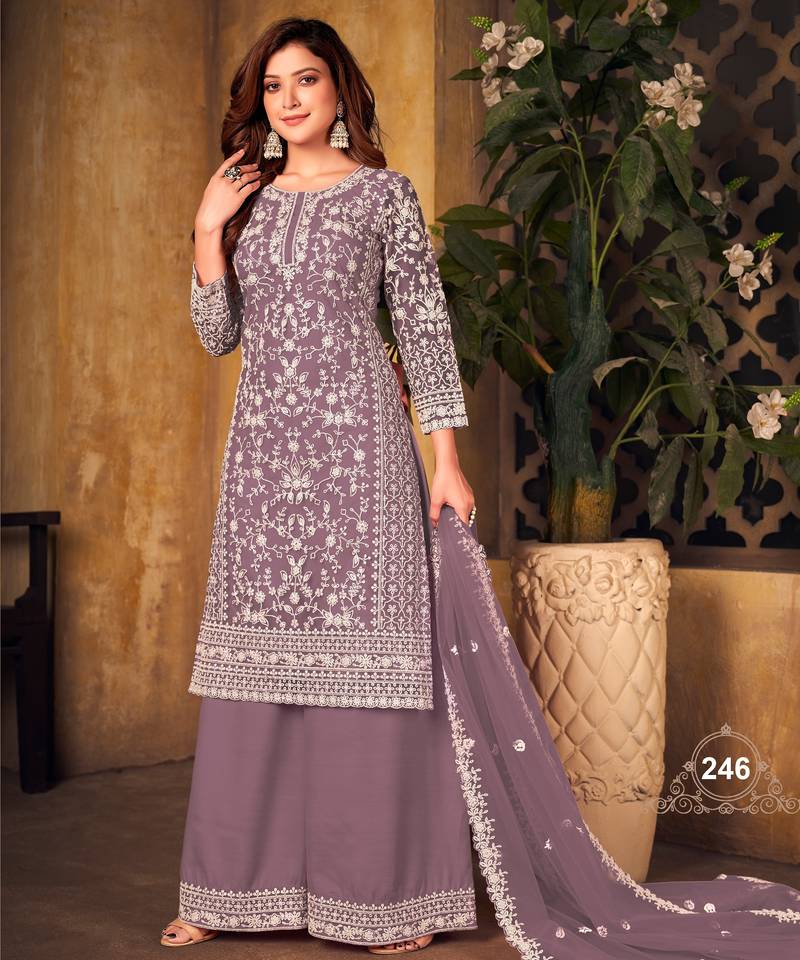 Elegant Lavender Gray Heavy Cording Work Net Salwar Suit