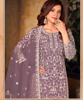 Elegant Lavender Gray Heavy Cording Work Net Salwar Suit 2