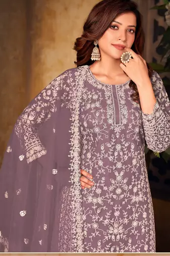 Elegant Lavender Gray Heavy Cording Work Net Salwar Suit