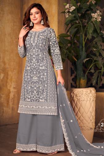 Sophisticated Steel Gray Heavy Cording Work Net Salwar Suit