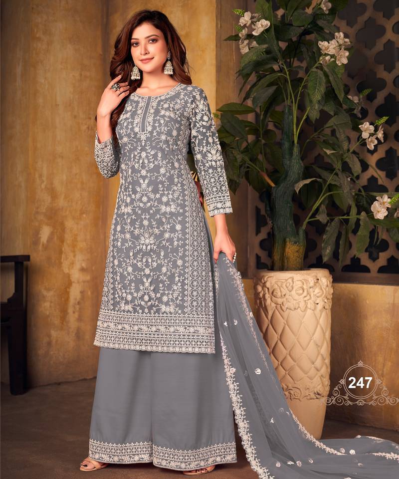 Sophisticated Steel Gray Heavy Cording Work Net Salwar Suit