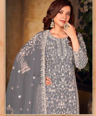 Sophisticated Steel Gray Heavy Cording Work Net Salwar Suit 2