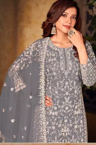 Sophisticated Steel Gray Heavy Cording Work Net Salwar Suit