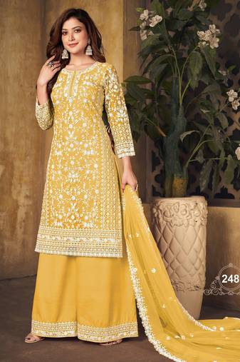 Vibrant Mustard Yellow Heavy Cording Work Net Salwar Suit